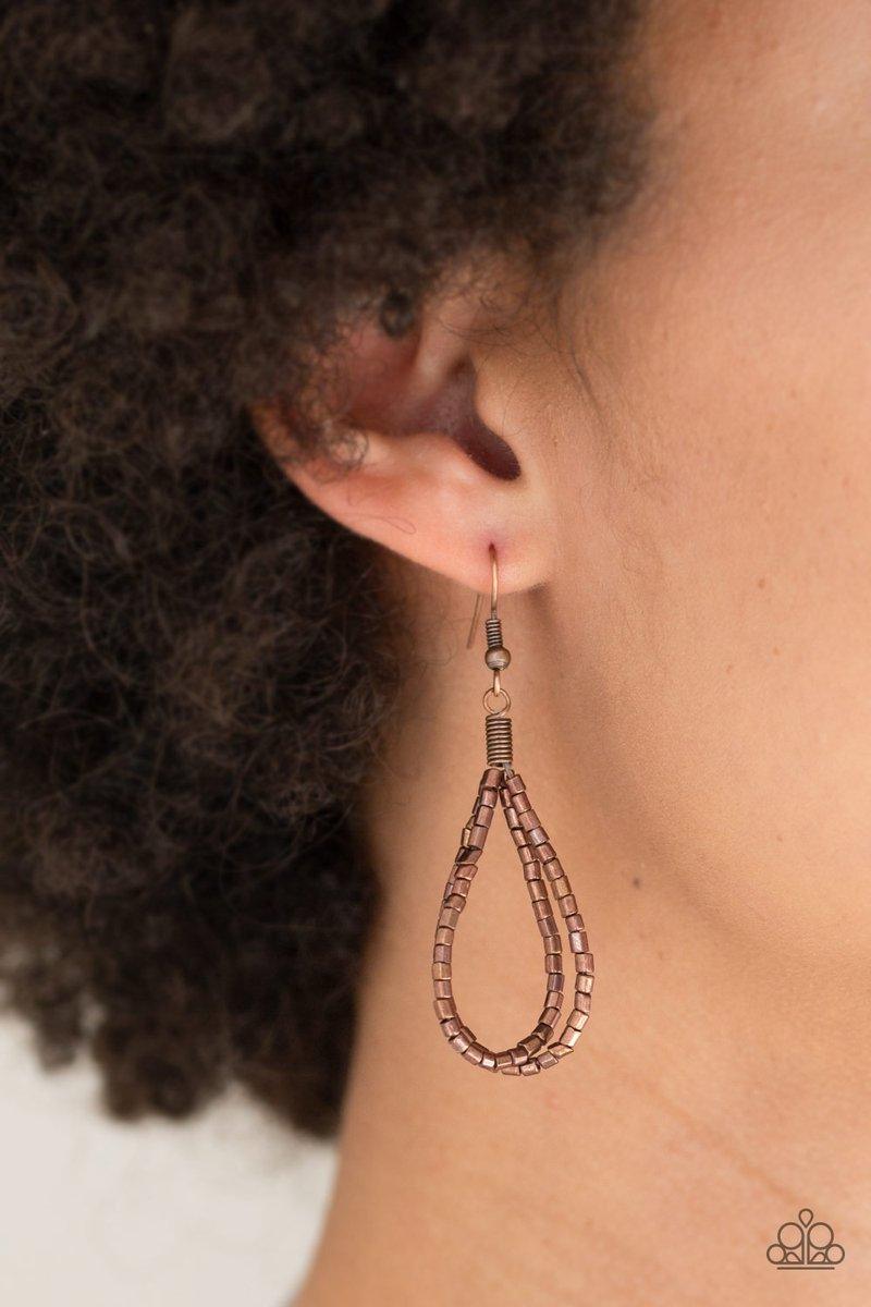 Paparazzi Accessories Catwalk Queen - Copper Strand after strand of metallic copper seed beads fall together to create a bold statement piece. Features an adjustable clasp closure. Sold as one individual necklace. Includes one pair of matching earrings. J