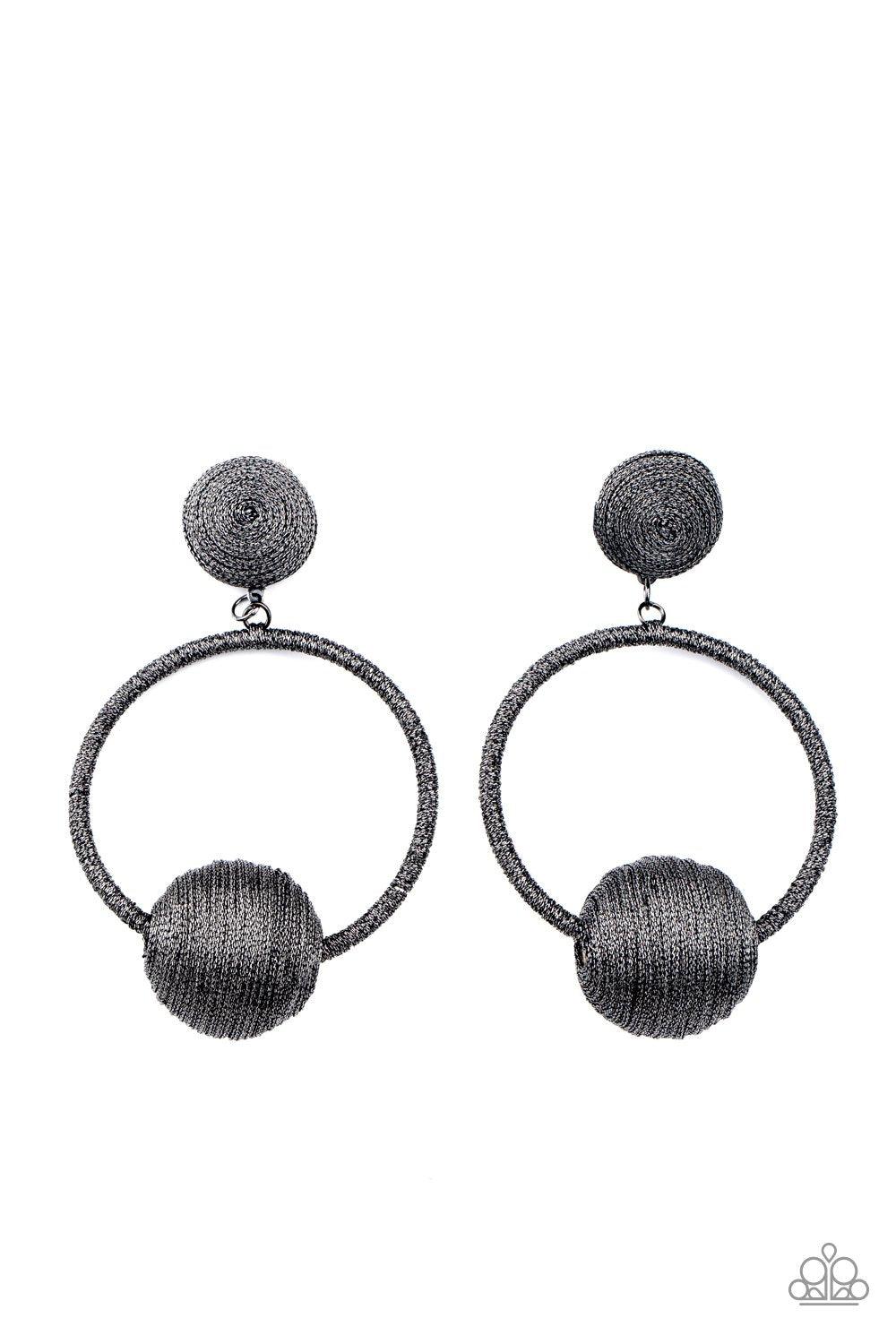 Paparazzi Accessories Social Sphere - Black Shimmery gunmetal thread wraps around an oversized bead that is fitted in place along the bottom of a matching threaded hoop. The glistening display links to the bottom of a matching gunmetal threaded fitting, c
