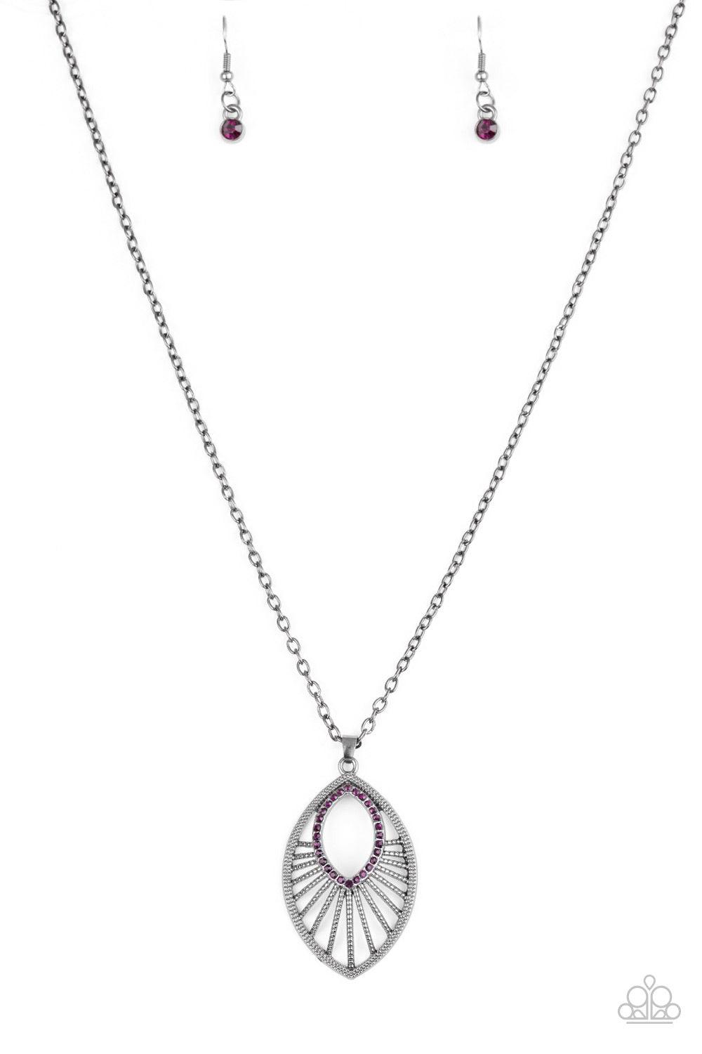 Paparazzi Accessories Court Couture - Purple Radiating with studded gunmetal bars, a glistening marquise shaped frame swings from the bottom of an elongated gunmetal chain. Glittery purple rhinestones adorn the frame, adding a refined flair to the regal p