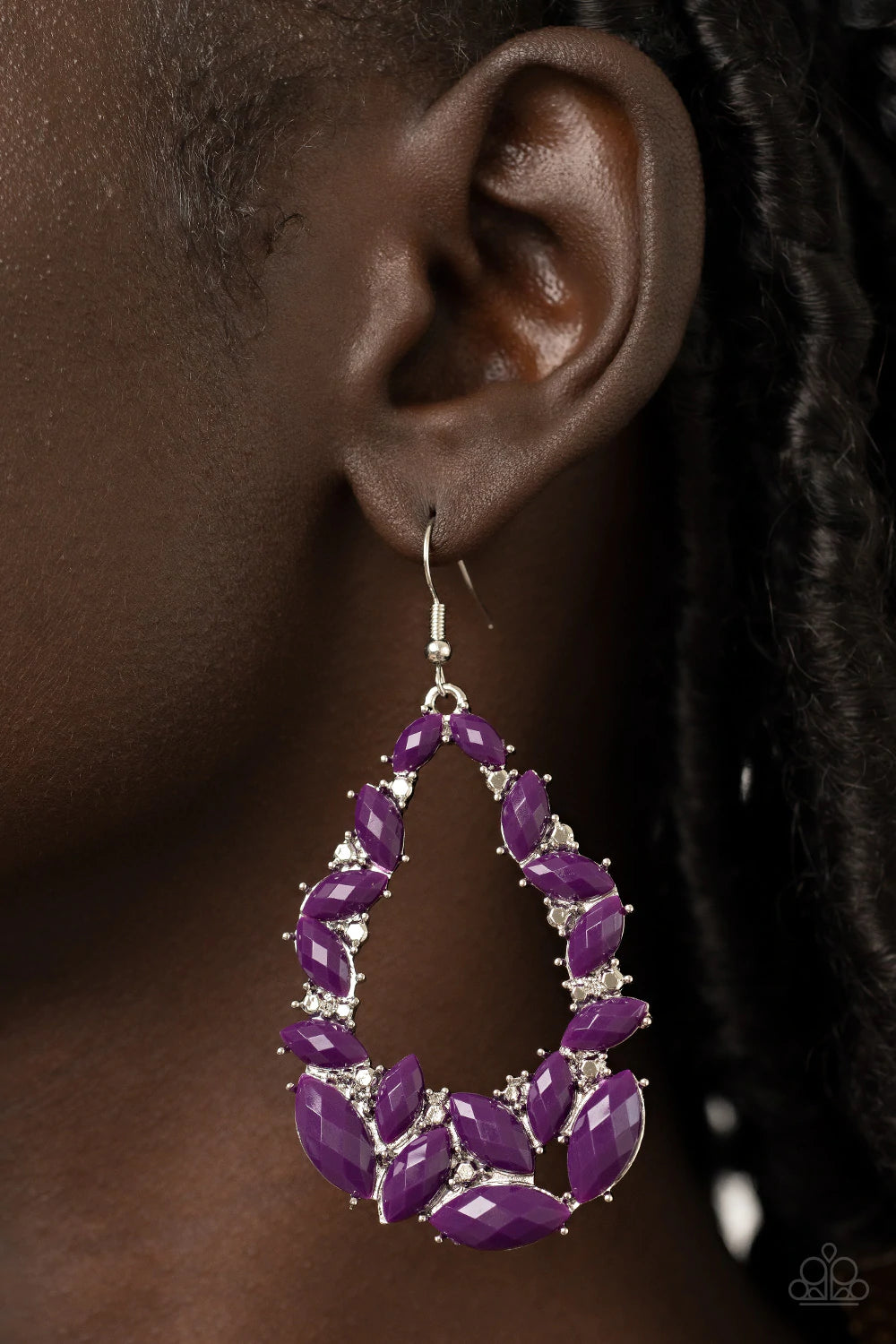 Paparazzi Accessories Tenacious Treasure - Purple Featuring pronged silver fittings, a glimmering collection of faceted plum marquise beads coalesce into a glamorous teardrop. Faceted silver accents are sprinkled through the design, adding a spritz of met