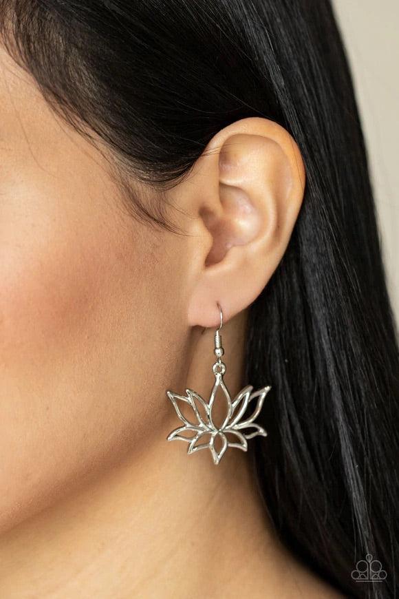 Paparazzi Accessories Lotus Ponds - Silver Brushed in a high sheen shimmer, an oversized silver lotus swings from the ear for a seasonal fashion. Earring attaches to a standard fishhook fitting. Jewelry