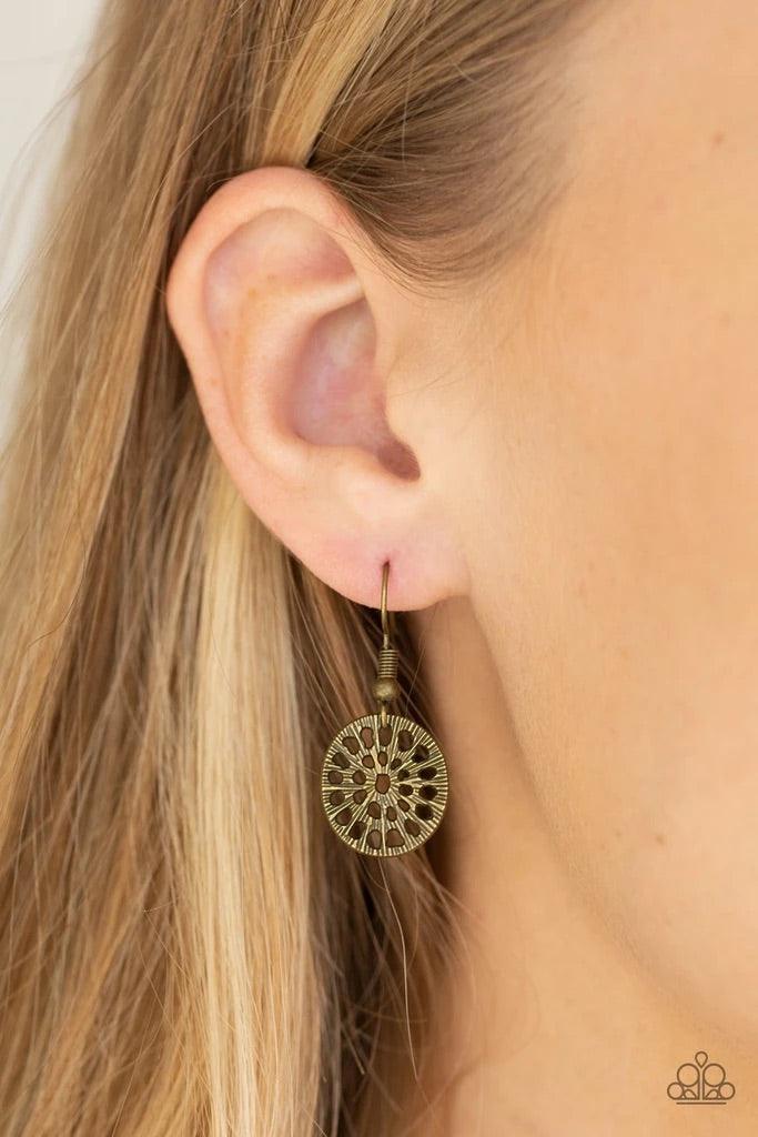 Paparazzi Accessories Your Own Free WHEEL - Brass Featuring airy stenciled patterns, shimmery brass discs link below the collar for a whimsical asymmetrical look. Features an adjustable clasp closure. Jewelry