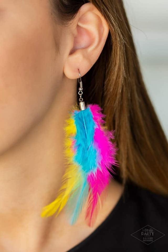 Paparazzi Accessories Take A BOA - Multi Blue, pink, and yellow feathers fan from the bottom of a glistening silver fitting, creating a vivacious plume. Earring attaches to a standard fishhook fitting. Jewelry