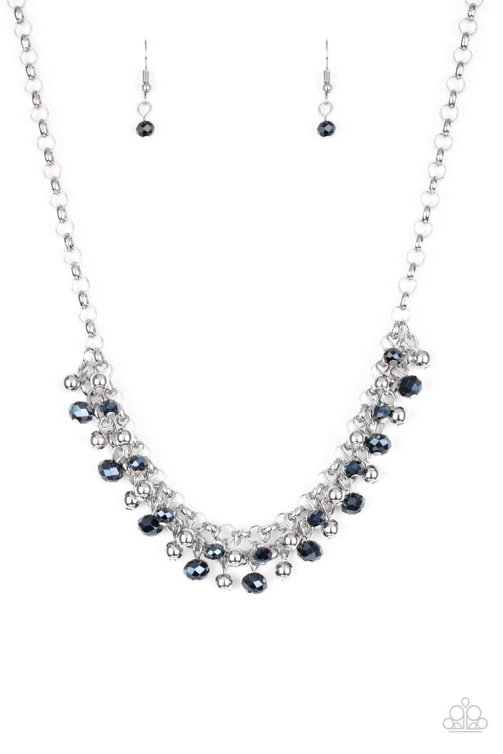 Paparazzi Accessories Trust Fund Baby - Blue Dipped in a metallic shimmer, faceted blue beads and classic silver beads swing from interlocking silver chains, creating a refined fringe below the collar. Features an adjustable clasp closure. Sold as one ind