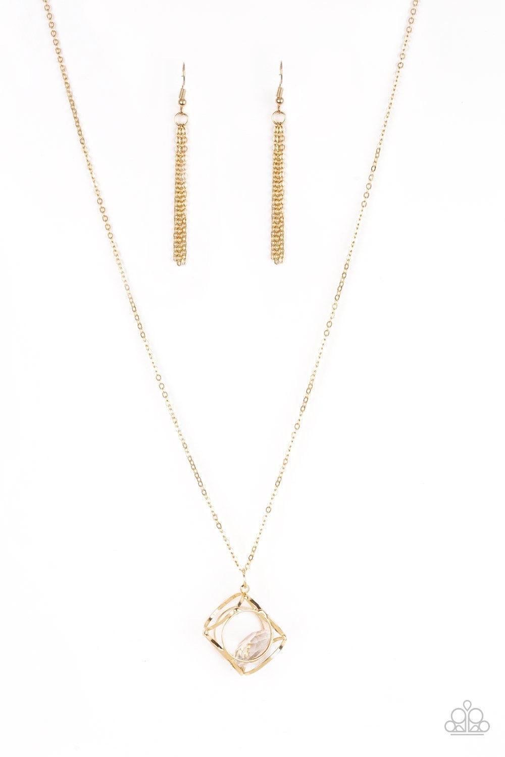 Paparazzi Accessories Pandora’s Box - Gold Gold circles join into an alluring 3-D box. A detached white gem freely sits in the gold box creating the illusion of a floating gem. The bright gold and dazzling gem create an incandescent design. Features an ad