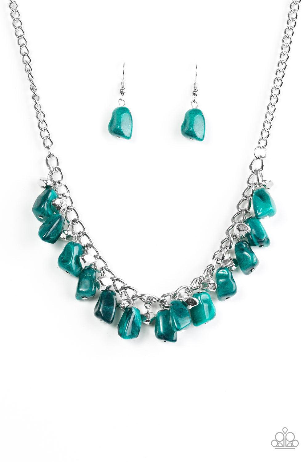 Paparazzi Accessories Rocky Shores - Green Faceted silver and green faux-rock beading trickle from the bottom of a bold silver chain, creating a colorful fringe below the collar. Features an adjustable clasp closure. Jewelry
