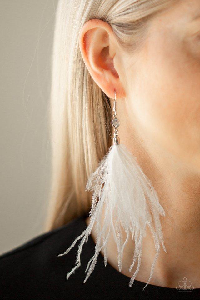 Paparazzi Accessories Showgirl Showcase - White A plume of white feathers flare out from the bottom of a faceted hematite bead, creating a glamorous tassel. Earring attaches to a standard fishhook fitting. Jewelry