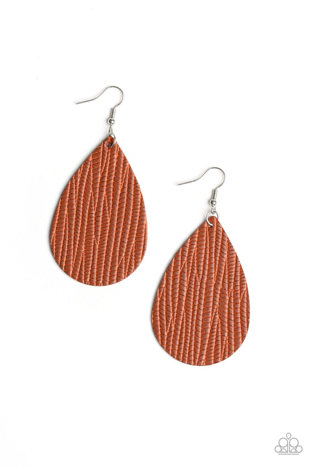 Paparazzi Accessories Natural Resource - Brown Stamped in an animal print inspired pattern, an earthy brown leather teardrop swings from the ear for a trendy vibe. Earring attaches to a standard fishhook fitting. Jewelry
