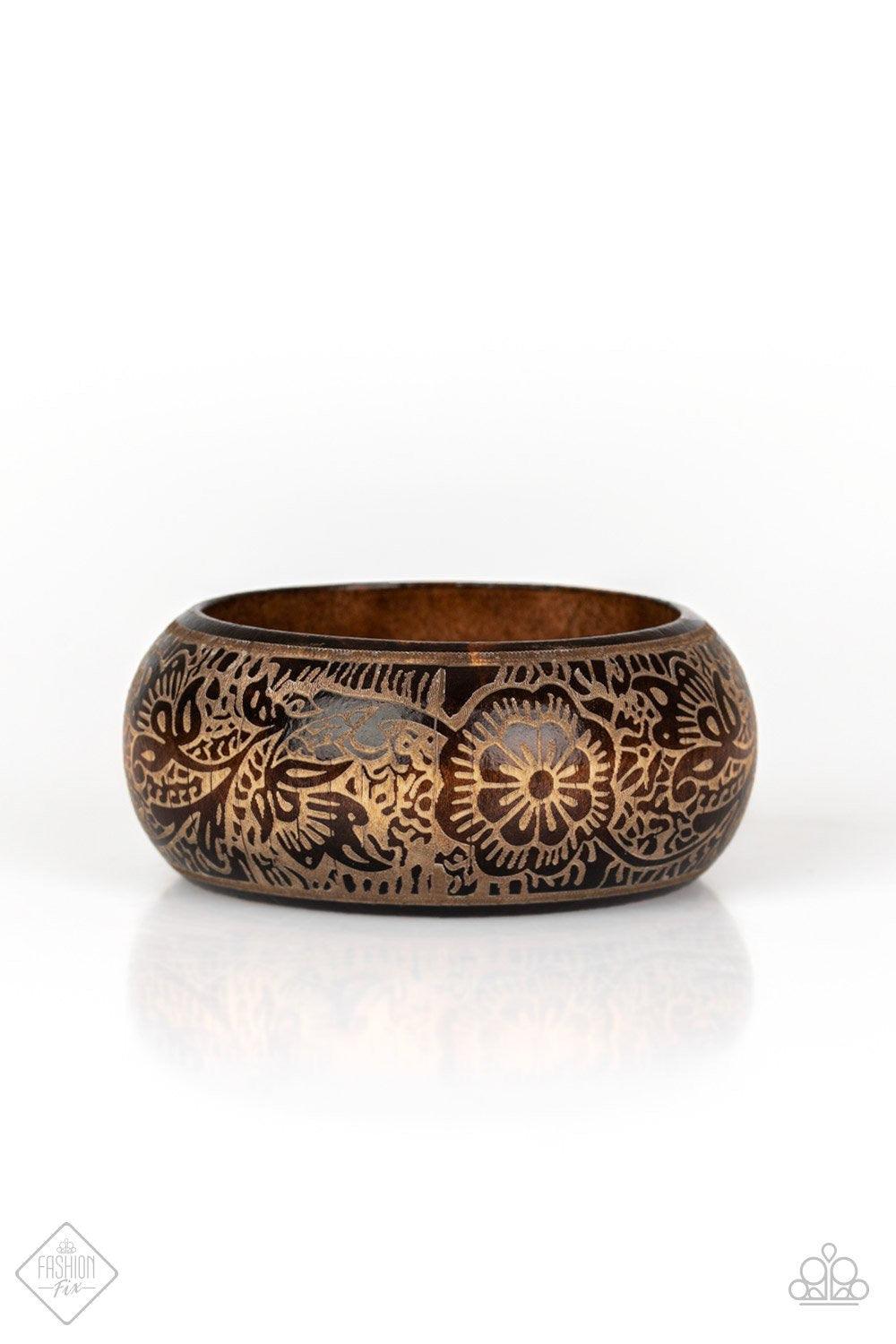 Paparazzi Accessories Beach Retreat - Brown A thick wooden bangle is etched in intricate floral patterns, creating an irresistibly laid-back statement piece. Jewelry