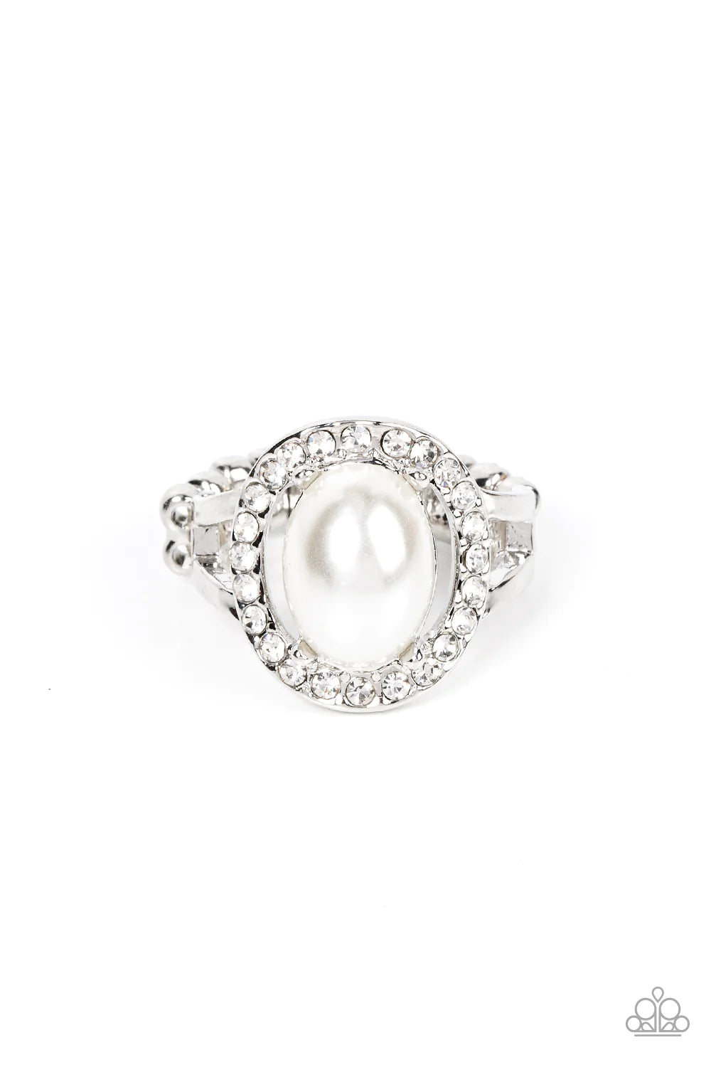 Paparazzi Accessories Seize the Shimmer - White An oval white pearl seemingly floats inside a glittery ring of white rhinestones atop layered bands of silver, resulting in a timeless centerpiece atop the finger. Features a dainty stretchy band for a flexi