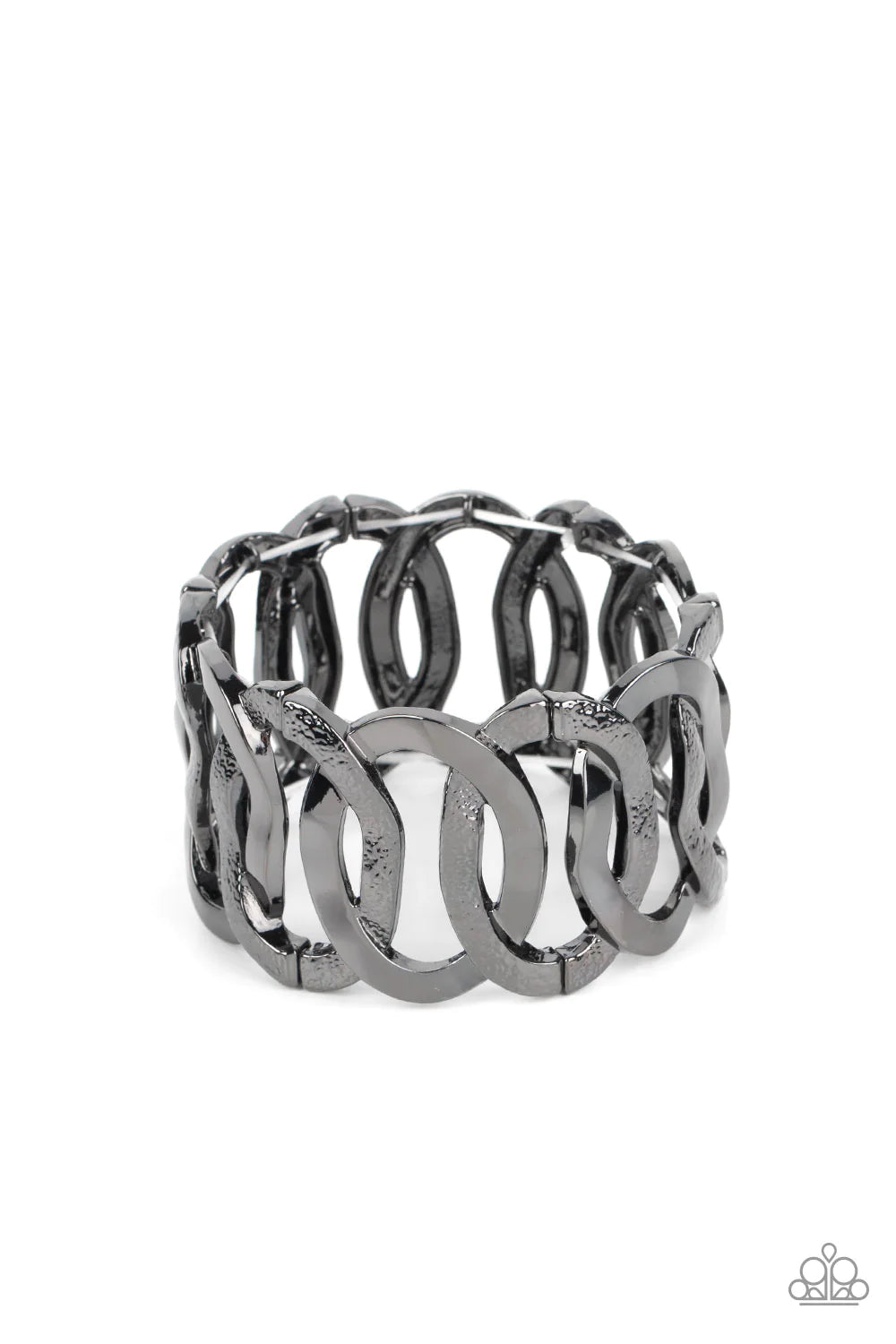 Paparazzi Accessories Industrial Indulgence - Black Large gunmetal hoops brushed in glittery, gritty texture alternate with smooth gunmetal hoops featuring a high sheen finish. The oversized links overlap as they alternate around the wrist on stretchy ban