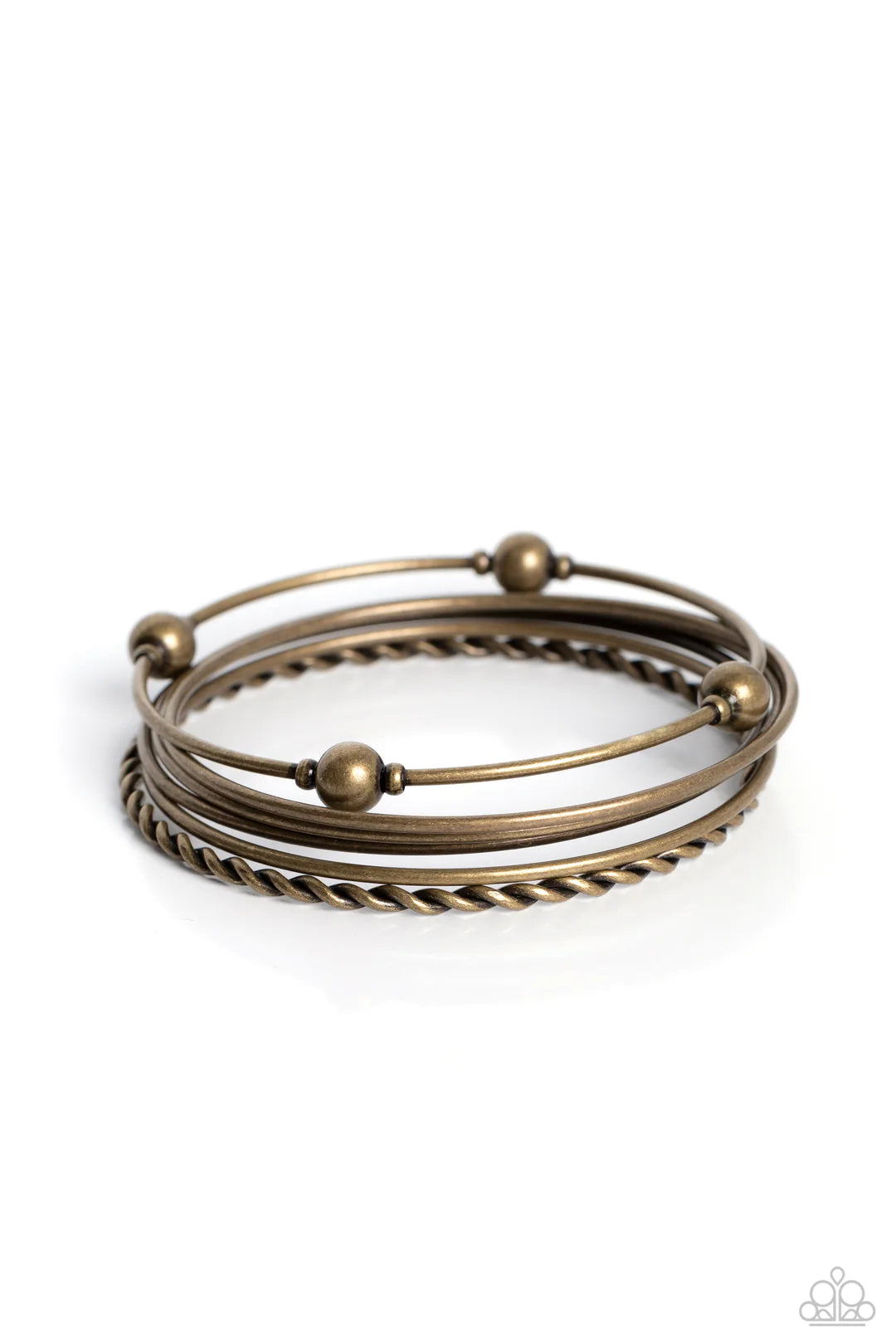 Paparazzi Accessories Lost and Found - Brass A collision of gritty brass bangles slides up and down the wrist for an industrially-layered look. One thin bangle features a braided texture, while another bangle features static brass accents and spheres for