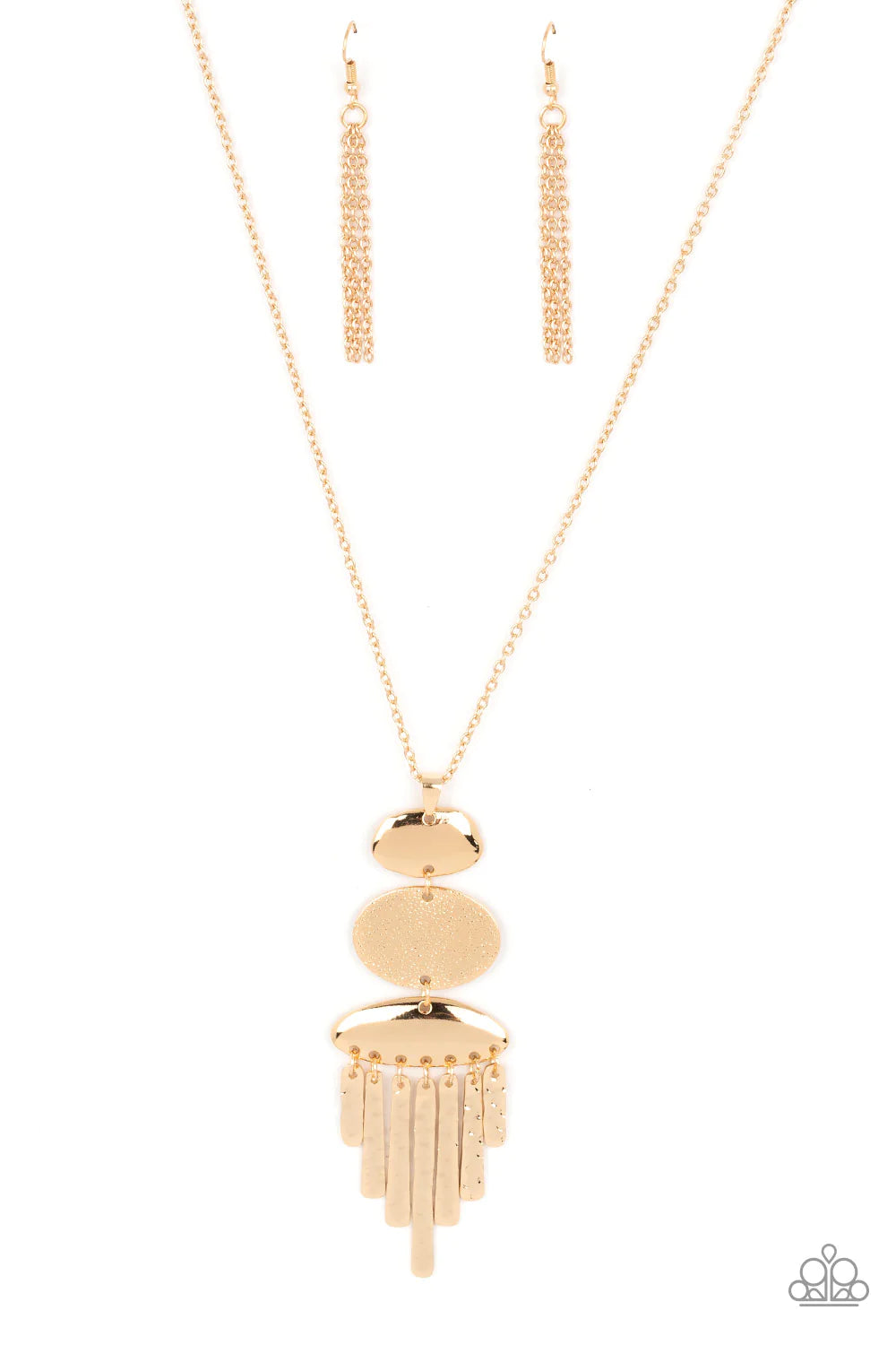 Paparazzi Accessories After the ARTIFACT - Gold A hammered gold oval frame is flanked between two asymmetrical gold frames at the bottom of a lengthened gold chain. Hammered gold pendulums swing from the bottom of the stacked pendant, adding playful movem