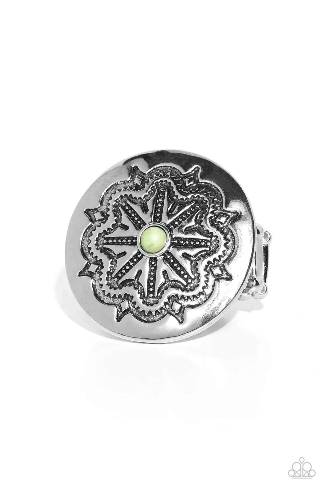 Paparazzi Accessories Carved Coachella - Green Stamped in botanical filigree, a flat, glistening, silver disc displays an earthy apple green stone center around its dancing texture for a seasonal look. Features a stretchy band for a flexible fit. As the s