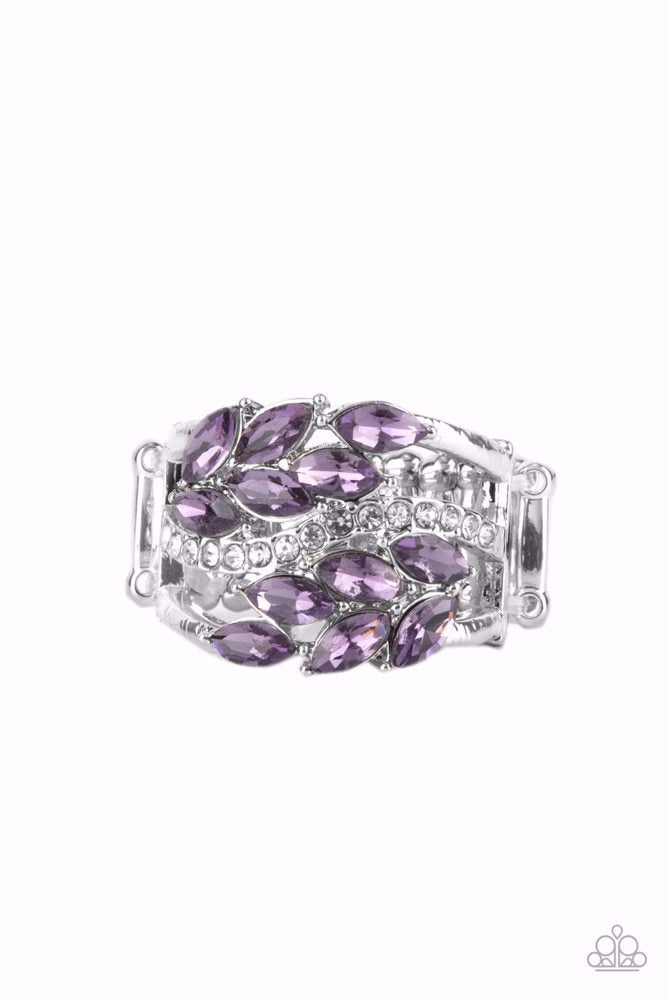 Paparazzi Accessories Luminously Leafy - Purple Clusters of amethyst marquise-cut crystals flank a wavy band of dainty white rhinestones atop the finger. The amethyst crystals fall into a leafy pattern, adding a touch of earthy elegance to the luminously