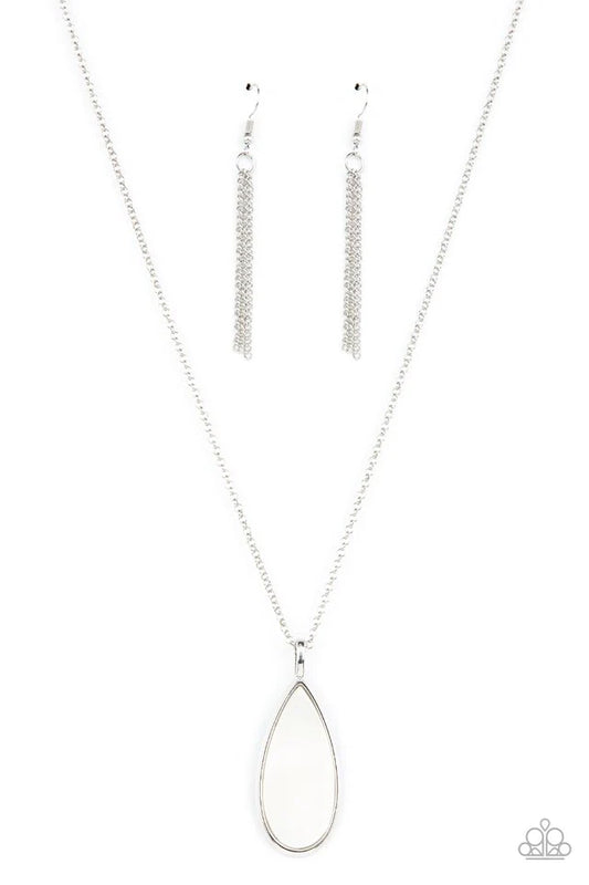 Paparazzi Accessories Yacht Ready - White Encased in a sleek silver fitting, a white shell-like teardrop pendant swings from the bottom of an elegantly extended silver chain for a refined look. Features an adjustable clasp closure. Jewelry