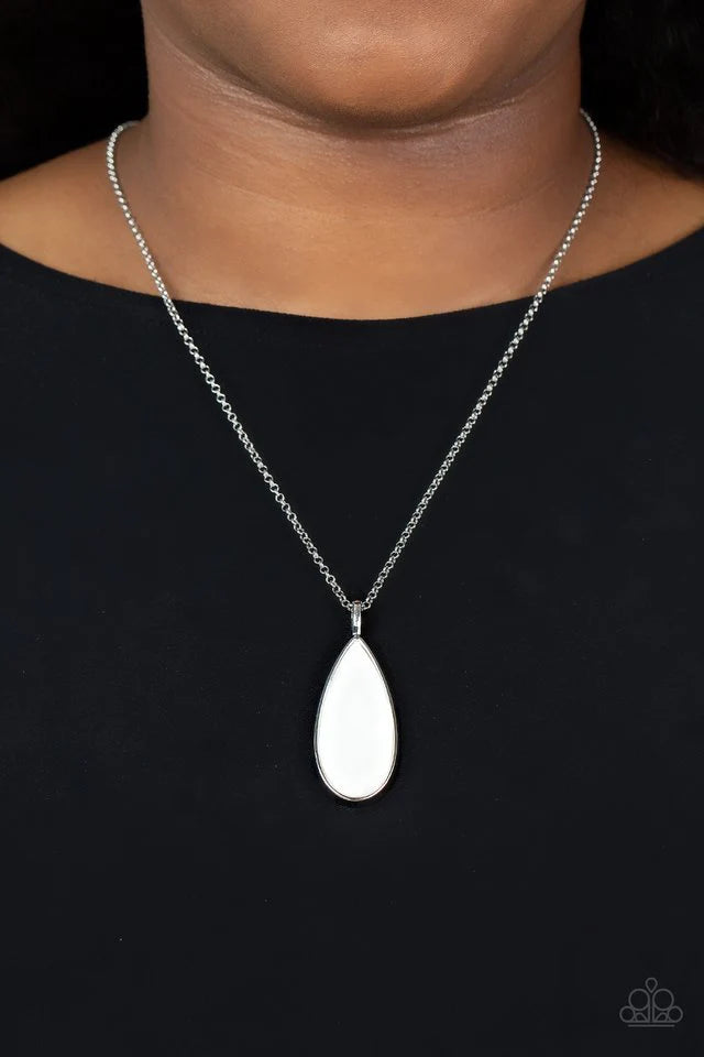 Paparazzi Accessories Yacht Ready - White Encased in a sleek silver fitting, a white shell-like teardrop pendant swings from the bottom of an elegantly extended silver chain for a refined look. Features an adjustable clasp closure. Jewelry