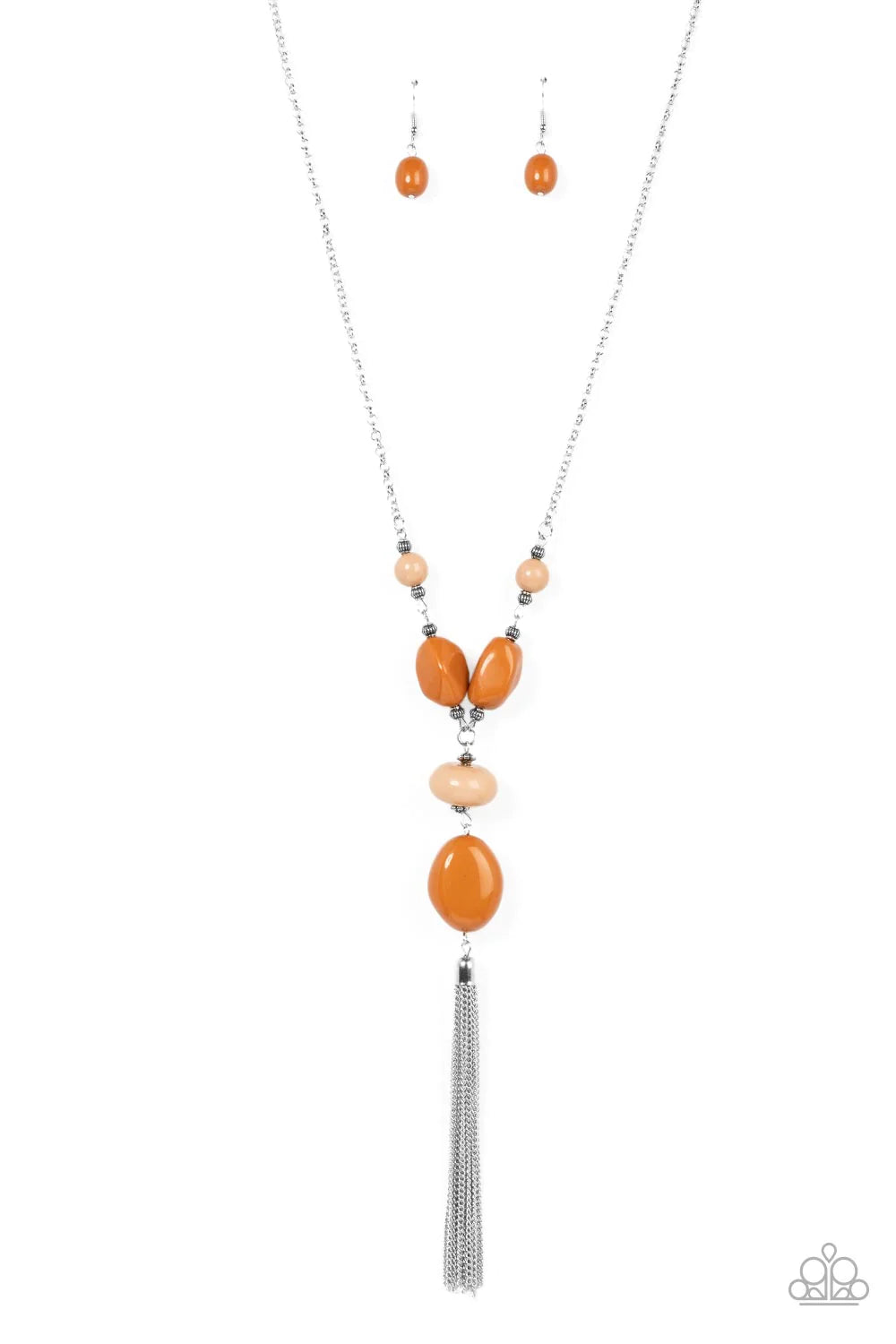 Paparazzi Accessories Heavenly Harmony - Brown Featuring faceted, rounded, and asymmetrical shapes, a mismatched collection of Adobe and Soybean acrylic beads alternates with textured silver beads along an extended silver chain. A shimmery silver chain ta