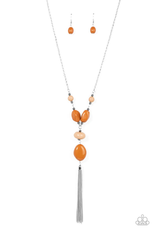 Paparazzi Accessories Heavenly Harmony - Brown Featuring faceted, rounded, and asymmetrical shapes, a mismatched collection of Adobe and Soybean acrylic beads alternates with textured silver beads along an extended silver chain. A shimmery silver chain ta