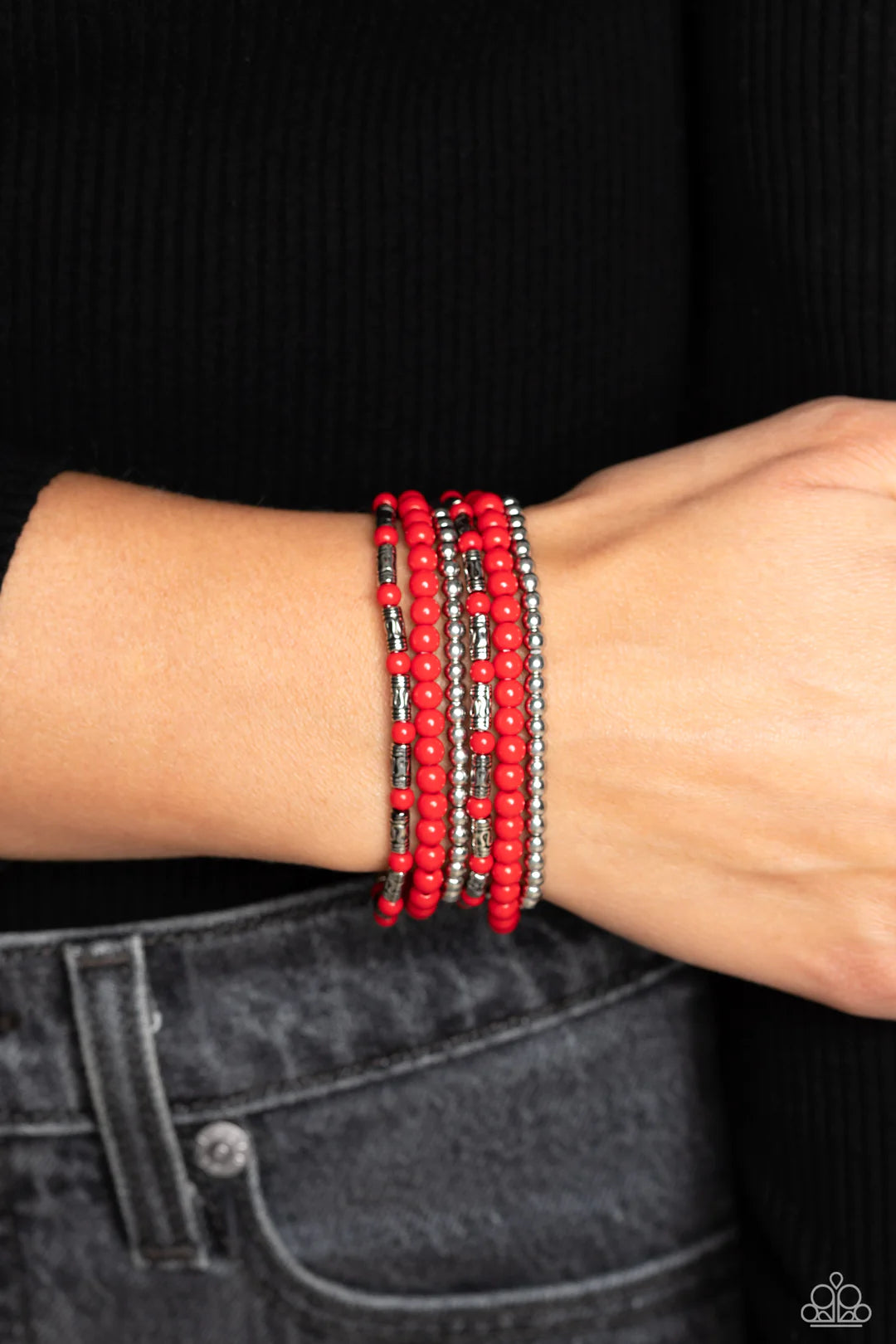 Paparazzi Accessories Mythical Magic - Red A trendy collection of red, silver and silver cylindrical textured beads wrap around the wrist on elastic stretchy bands for a colorful, seasonal stack. Sold as one set of six bracelets. Jewelry