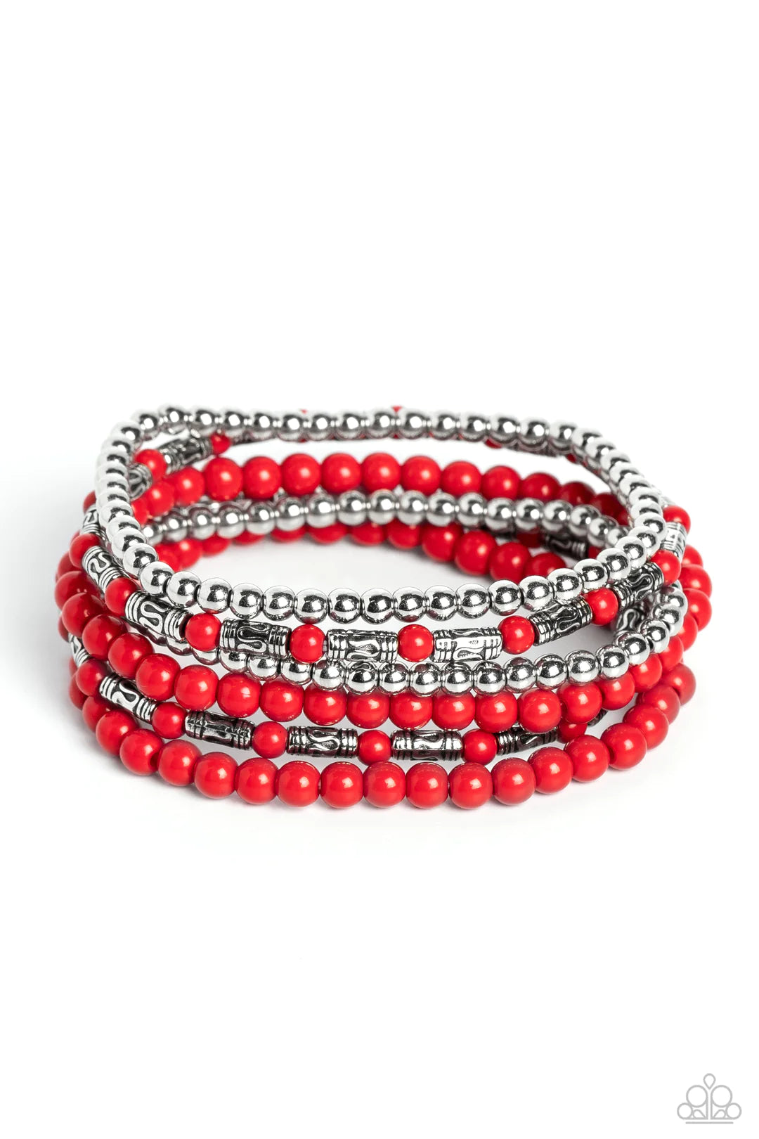 Paparazzi Accessories Mythical Magic - Red A trendy collection of red, silver and silver cylindrical textured beads wrap around the wrist on elastic stretchy bands for a colorful, seasonal stack. Sold as one set of six bracelets. Jewelry