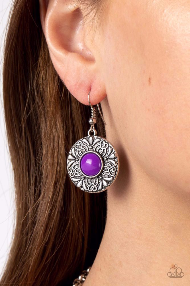 Paparazzi Accessories Garden Glade - Purple Dotted with Dahlia beaded centers, floral embossed silver discs gradually increase in size as they link below the collar for a flowery pop of color. Features an adjustable clasp closure. Sold as one individual n