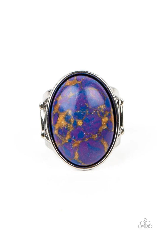 Paparazzi Accessories Majestic Marbling - Purple Featuring a colorful marble finish, a speckled purple stone is pressed into the center of a silver oval frame for a modern look. Features a stretchy band for a flexible fit. Sold as one individual ring. Jew