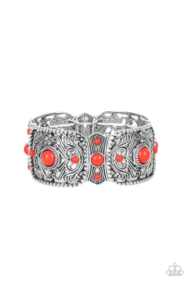 Paparazzi Accessories Going, Going, GONDOLA - Red A bubbly collection of red beads are sprinkled across mismatched silver frames whirling with vine-like filigree. The colorful frames are threaded along stretchy bands around the wrist, creating an enchanti