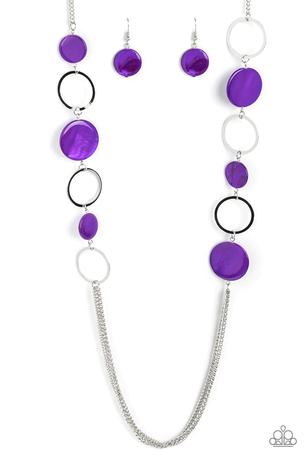 Paparazzi Accessories Beach Hub - Purple Sections of purple shell-like discs link with flat silver hoops down the chest, giving way to layers of shimmery silver chain for a tropical inspired flair. Features an adjustable clasp closure. Sold as one individ