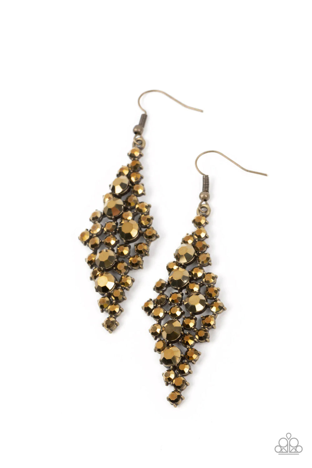 Paparazzi Accessories Celestial Comet - Brass Encased in pronged brass fittings, a mismatched collection of gritty aurum rhinestones tumble into a clustered lure for a smoldering shimmer. Earring attaches to a standard fishhook fitting. Sold as one pair o