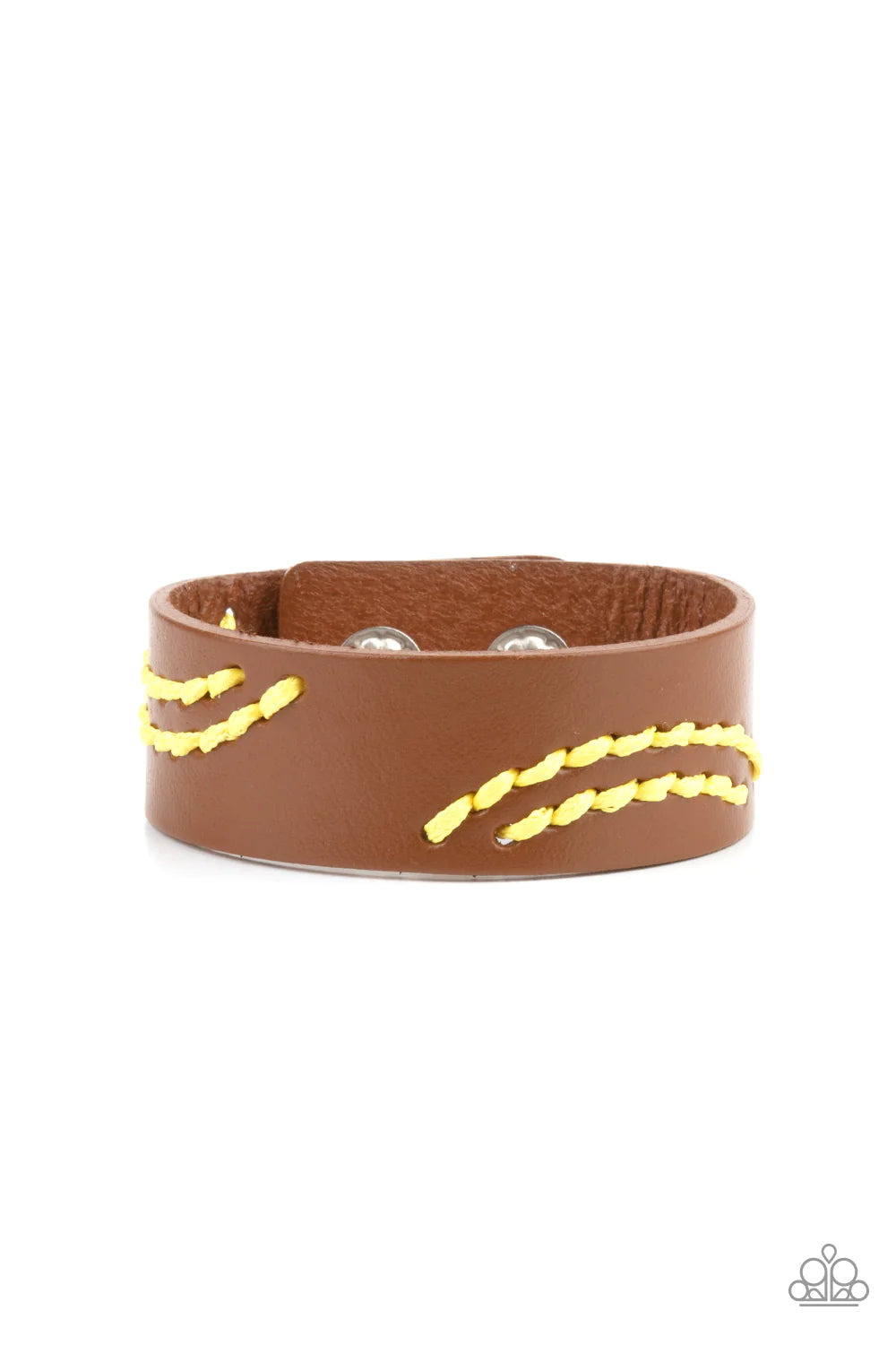 Paparazzi Accessories Harmonic Horizons - Yellow Illuminating cording is stitched across the front of a brown leather band, creating curved patterns. Features an adjustable snap closure. Sold as one individual bracelet. Jewelry