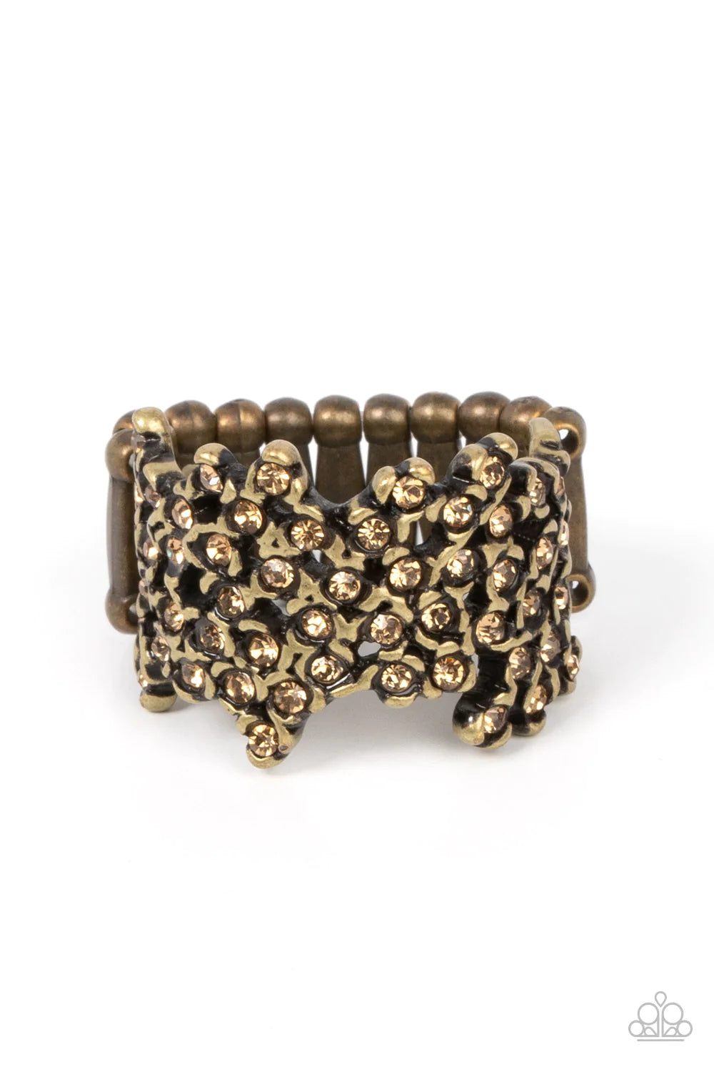 Paparazzi Accessories Sizzling Shimmer - Brass Enhanced with brass fittings, golden topaz rhinestones scatter across the finger for a subtle shimmer. Features a stretchy band for a flexible fit. Sold as one individual ring. Jewelry