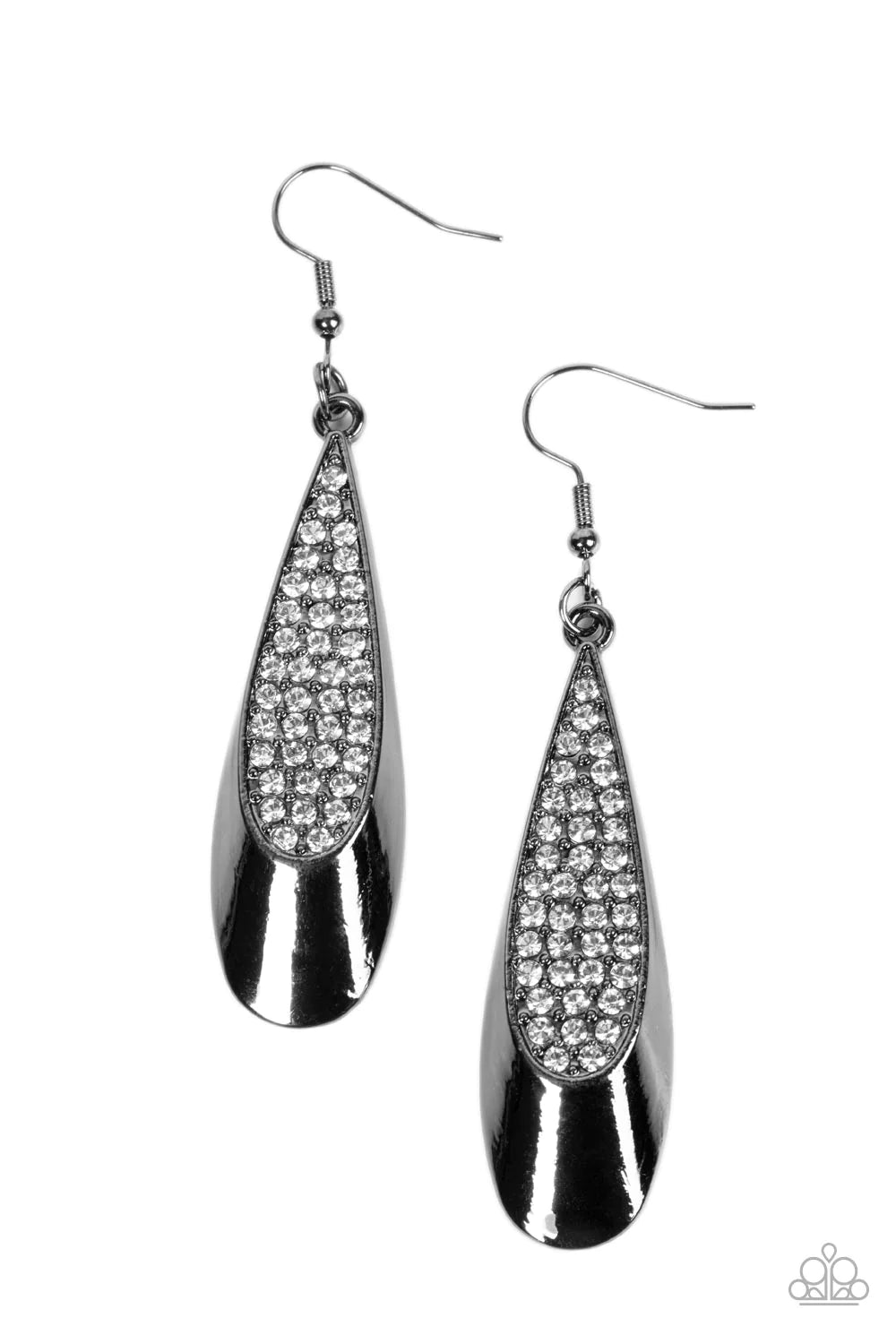 Paparazzi Accessories Prismatically Persuasive - Black The front of a dramatically curving gunmetal teardrop is encrusted in glassy white rhinestones, resulting in a glitzy lure. Earring attaches to a standard fishhook fitting. Sold as one pair of earring