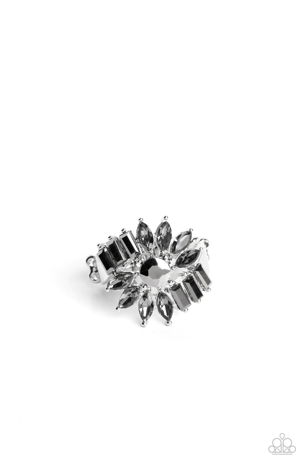 Paparazzi Accessories Untamable Universe - Silver Marquise-cut rhinestone petals, splashed in a smoky finish, fan out in an abstract manner around a hematite center. Dramatic emerald-cuts of hematite, fall in line along twisting bands of silver, exploding
