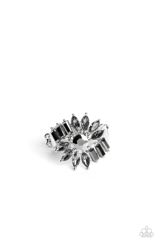 Paparazzi Accessories Untamable Universe - Silver Marquise-cut rhinestone petals, splashed in a smoky finish, fan out in an abstract manner around a hematite center. Dramatic emerald-cuts of hematite, fall in line along twisting bands of silver, exploding
