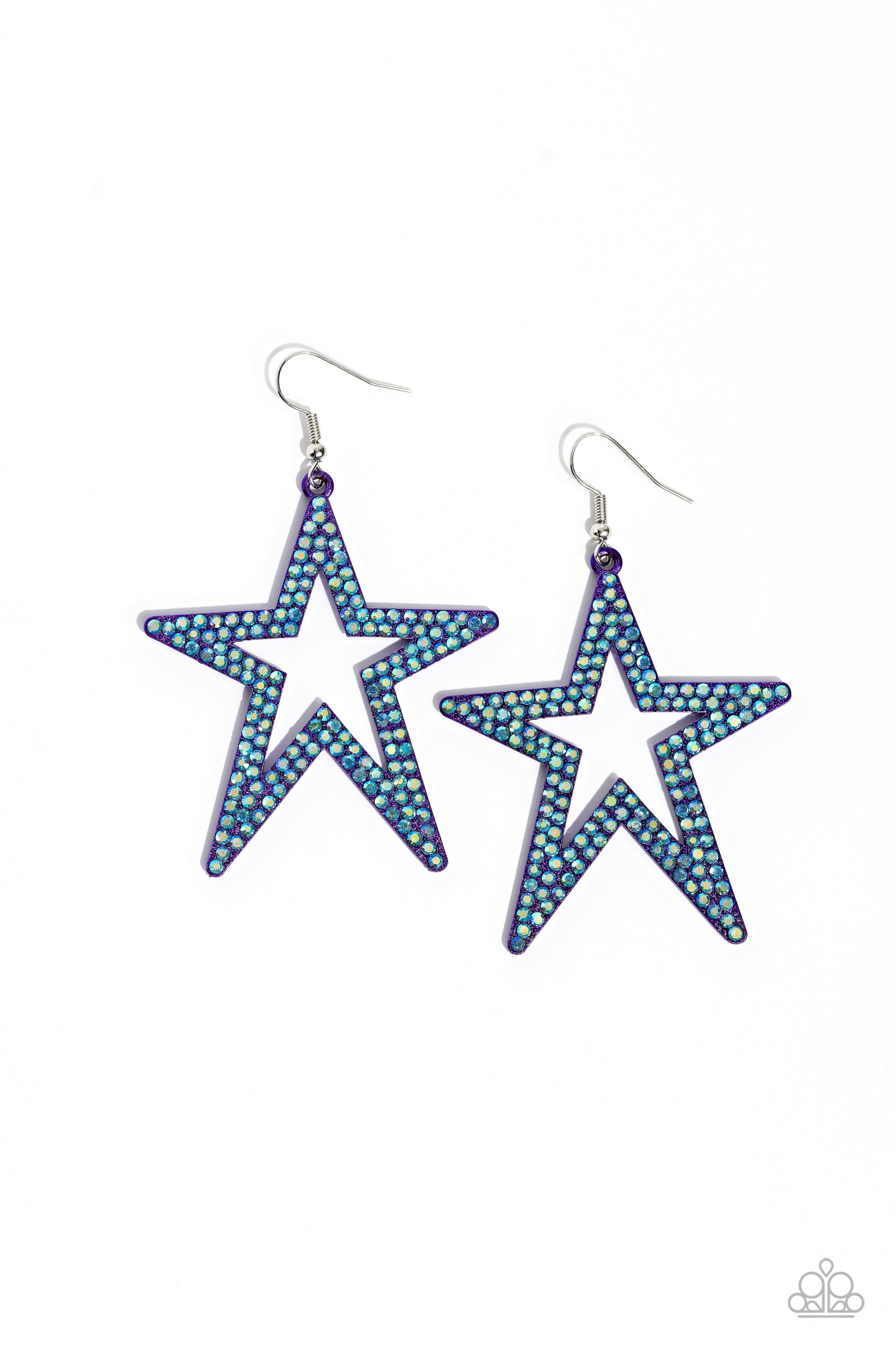 Paparazzi Accessories Rockstar Energy - Purple Double rows of blue iridescent rhinestones adorn the front of an oversized purple metallic star silhouette, creating a stellar, sparkling centerpiece. Earring attaches to a standard fishhook fitting. Due to i