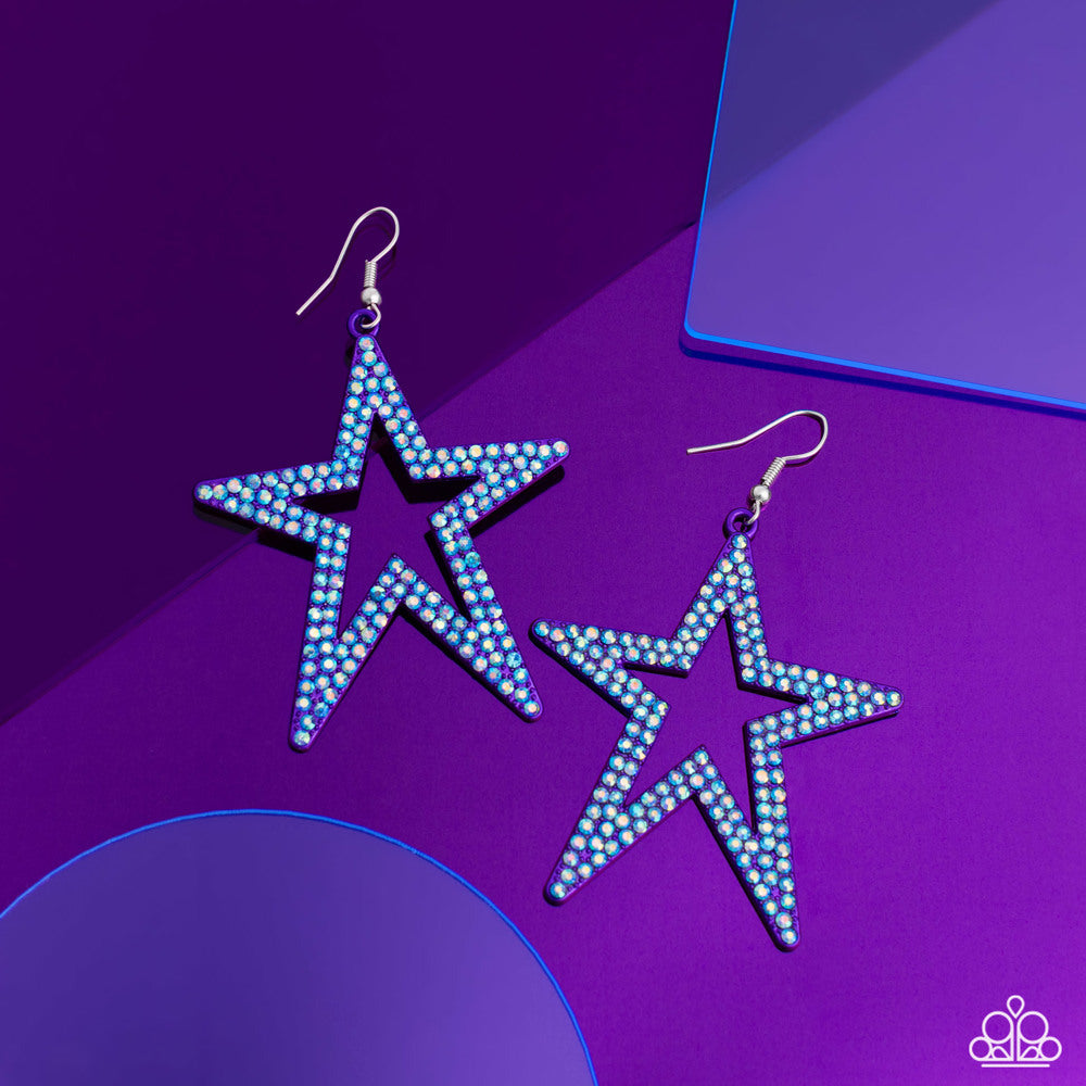 Paparazzi Accessories Rockstar Energy - Purple Double rows of blue iridescent rhinestones adorn the front of an oversized purple metallic star silhouette, creating a stellar, sparkling centerpiece. Earring attaches to a standard fishhook fitting. Due to i