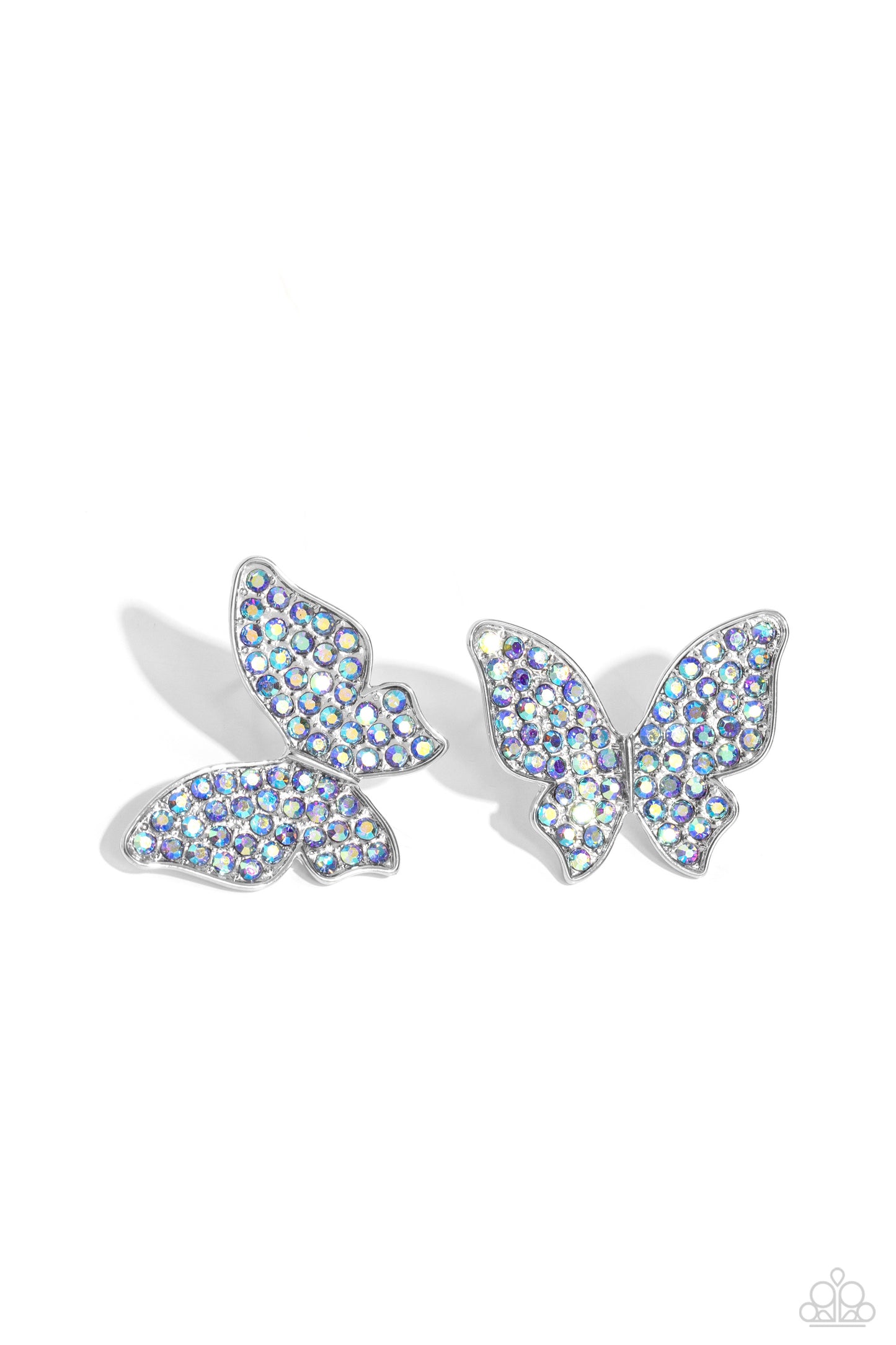 Paparazzi Accessories High Life - Blue Featuring a tilted motif, a silver butterfly encrusted with an explosion of blue iridescent rhinestones sparkles at the ear for an enchanting fashion. Earring attaches to a standard post fitting. Due to its prismatic