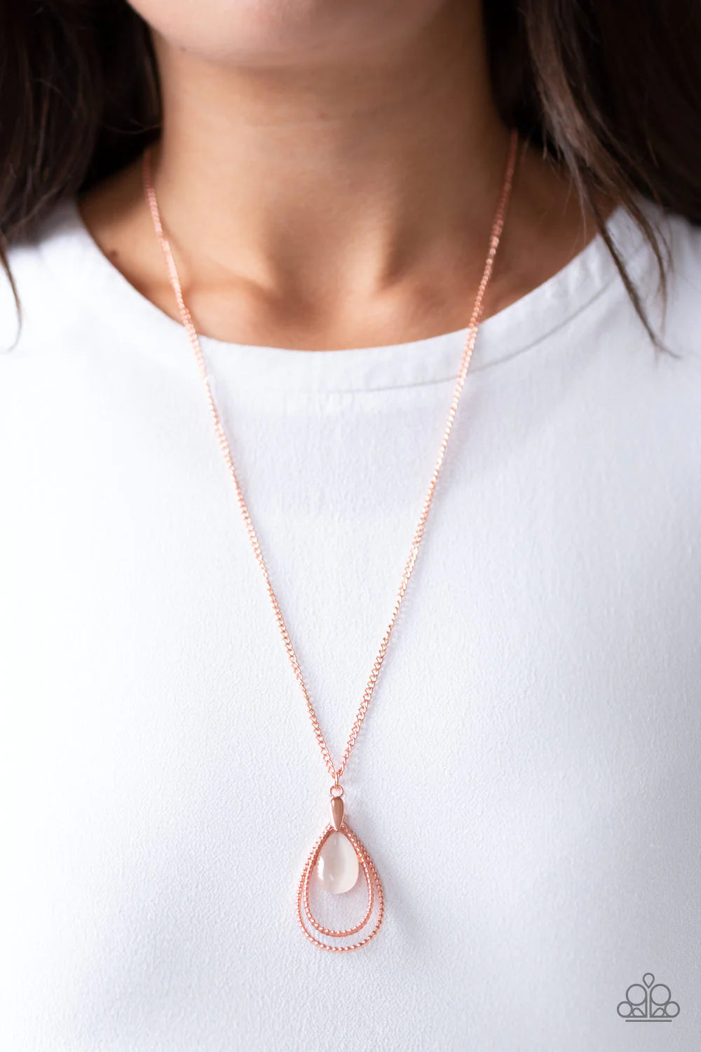 Paparazzi Accessories Teardrop Tranquility - Copper Studded shiny copper teardrops swing from the bottom of a shiny copper chain. A glowing cat's eye stone attaches to the innermost frame, creating a whimsical pendant. Features an adjustable clasp closure
