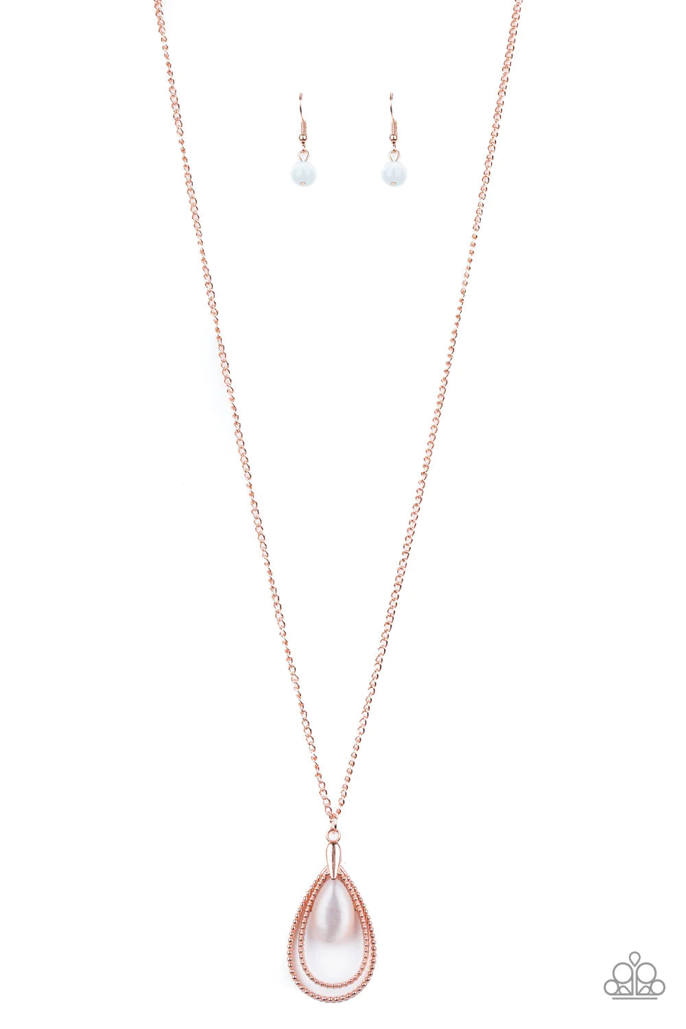 Paparazzi Accessories Teardrop Tranquility - Copper Studded shiny copper teardrops swing from the bottom of a shiny copper chain. A glowing cat's eye stone attaches to the innermost frame, creating a whimsical pendant. Features an adjustable clasp closure