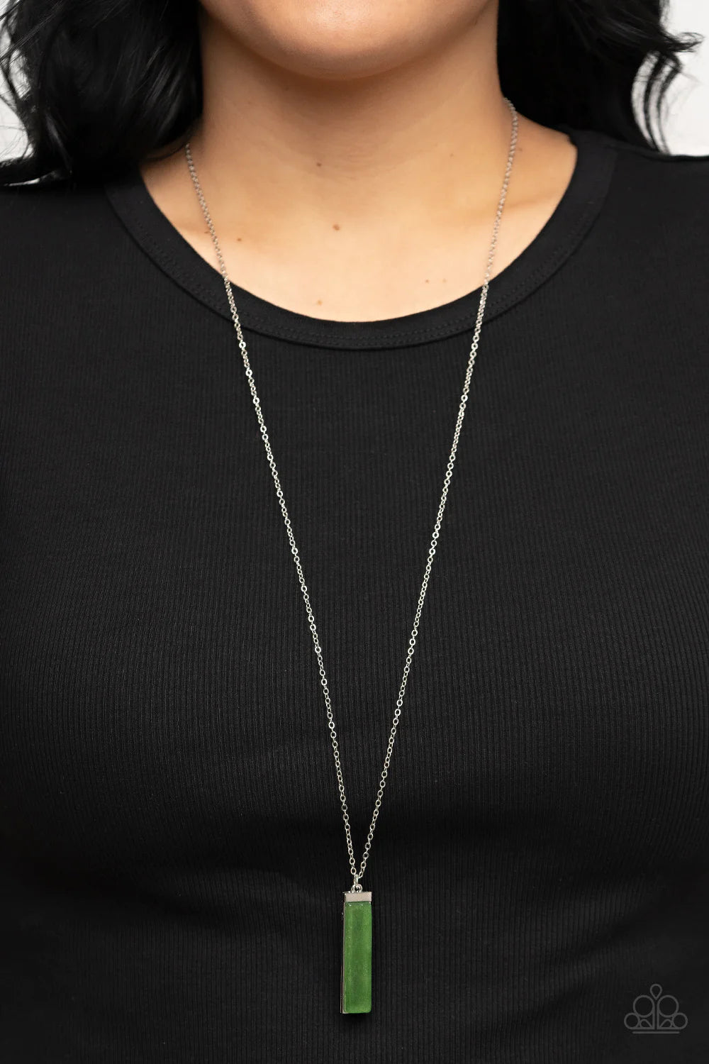 Paparazzi Accessories Set in GEMSTONE - Green A rectangular cut jade stone is pressed into the center of a shiny silver frame at the bottom of an extended silver chain, resulting in an earthy pendant. Features an adjustable clasp closure. Sold as one indi