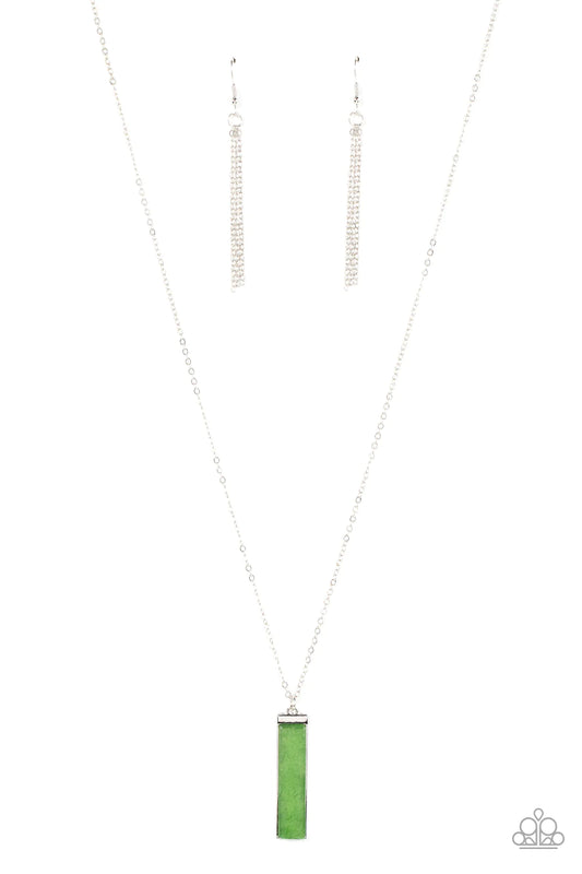 Paparazzi Accessories Set in GEMSTONE - Green A rectangular cut jade stone is pressed into the center of a shiny silver frame at the bottom of an extended silver chain, resulting in an earthy pendant. Features an adjustable clasp closure. Sold as one indi