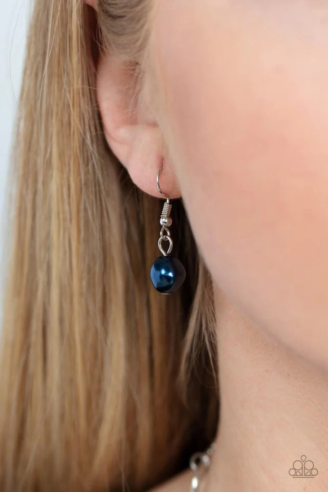 Paparazzi Accessories Think of the POSH-ibilities - Blue Threaded along dainty rods, a bubbly collection of imperfect beads seemingly float inside silver rings as they delicately connect below the collar. Dainty clusters of Montana beads and white rhinest