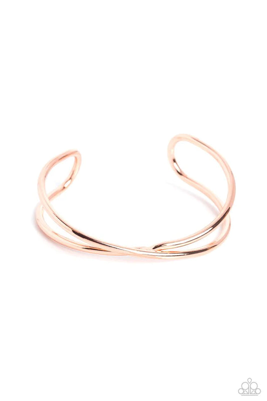 Paparazzi Accessories Teasing Twist - Copper High-sheen shiny copper bars twist across the center of an airy cuff, coalescing into a minimalist statement around the wrist. Jewelry