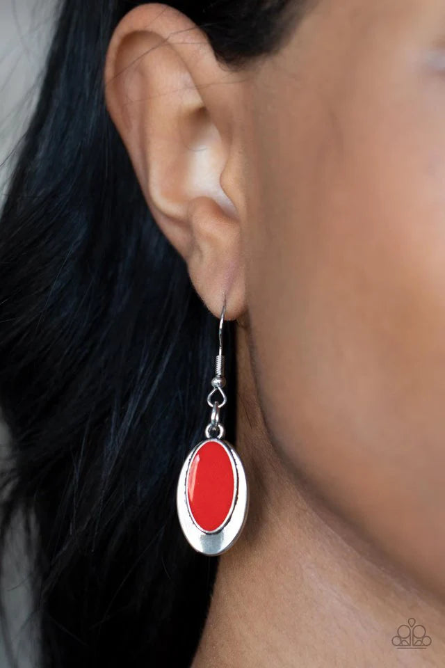 Paparazzi Accessories Endless Eclipse - Red A row of stacked oval silver plates in graduating sizes, crowned with a glossy red oval, link together and connect to a round silver chain creating an out-of-this-world statement below the collar. Features an ad