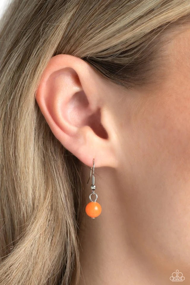 Paparazzi Accessories Textured Trailblazer - Orange Silver oval discs in varying sizes are inscribed with earthy patterns and studs as they coalesce around the collar on a classic silver chain. Pressed into every other disc, a marquise-chiseled orange sto