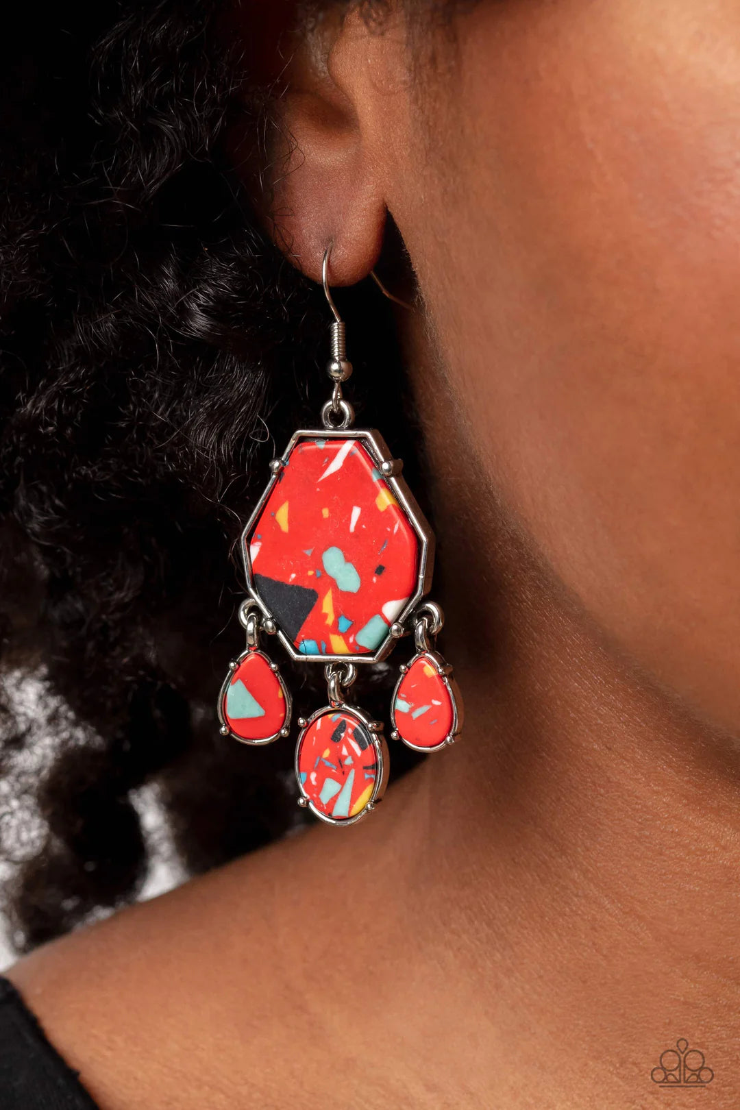 Paparazzi Accessories Organic Optimism - Red Pronged in place, a trio of oval and teardrop red stones with multicolored specks swings from the bottom of an elongated geometric-shaped stone in the same hue, creating an earthy fringe. Earring attaches to a