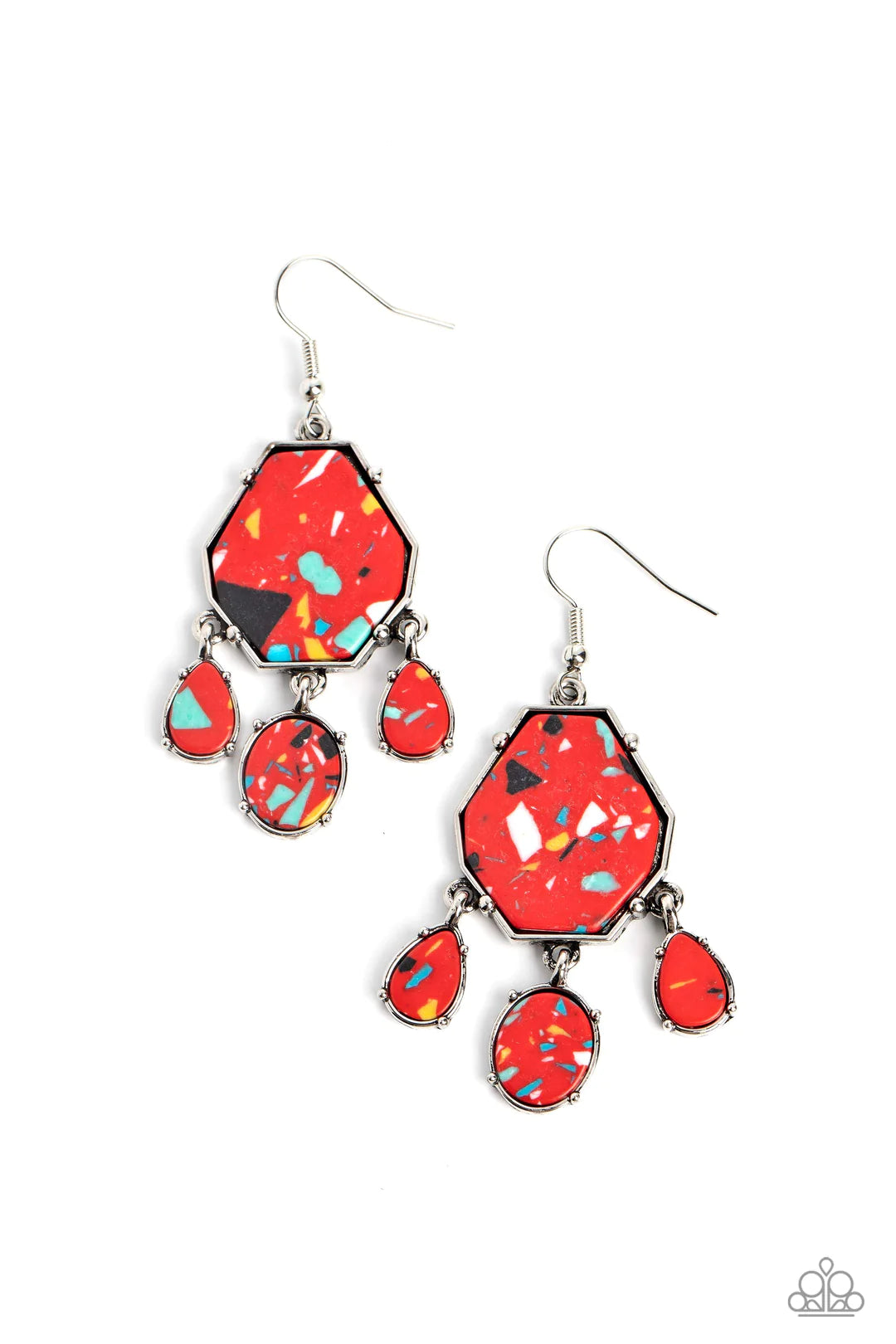 Paparazzi Accessories Organic Optimism - Red Pronged in place, a trio of oval and teardrop red stones with multicolored specks swings from the bottom of an elongated geometric-shaped stone in the same hue, creating an earthy fringe. Earring attaches to a