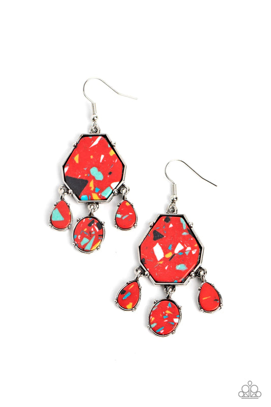 Paparazzi Accessories Organic Optimism - Red Pronged in place, a trio of oval and teardrop red stones with multicolored specks swings from the bottom of an elongated geometric-shaped stone in the same hue, creating an earthy fringe. Earring attaches to a