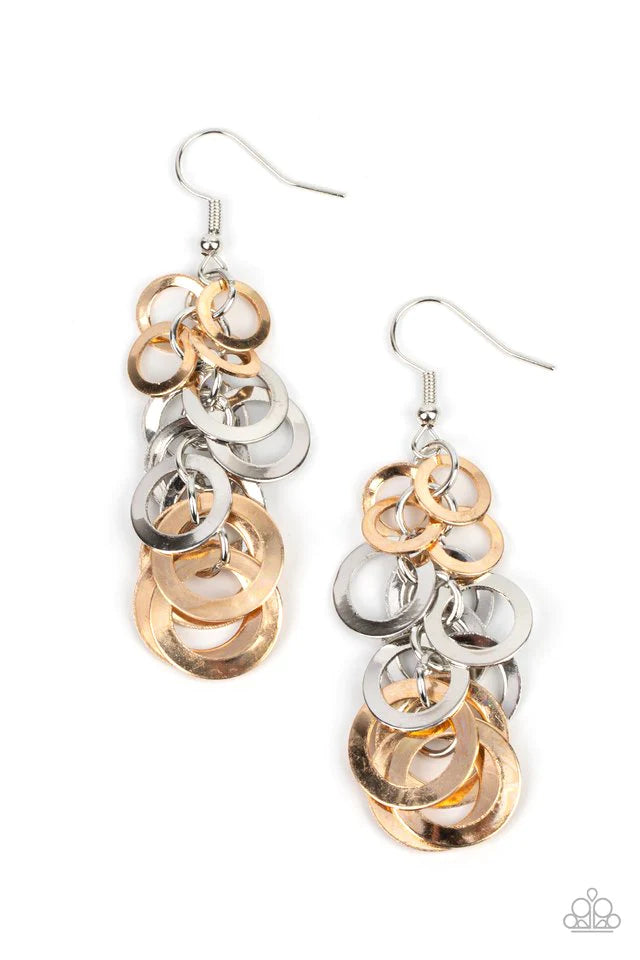 Paparazzi Accessories Closed Circuit Sass - Multi A cluster of flat gold and silver rings in graduating sizes are linked along a silver chain creating an intensely industrial chandelier. Earring attaches to a standard fishhook fitting. Sold as one pair of